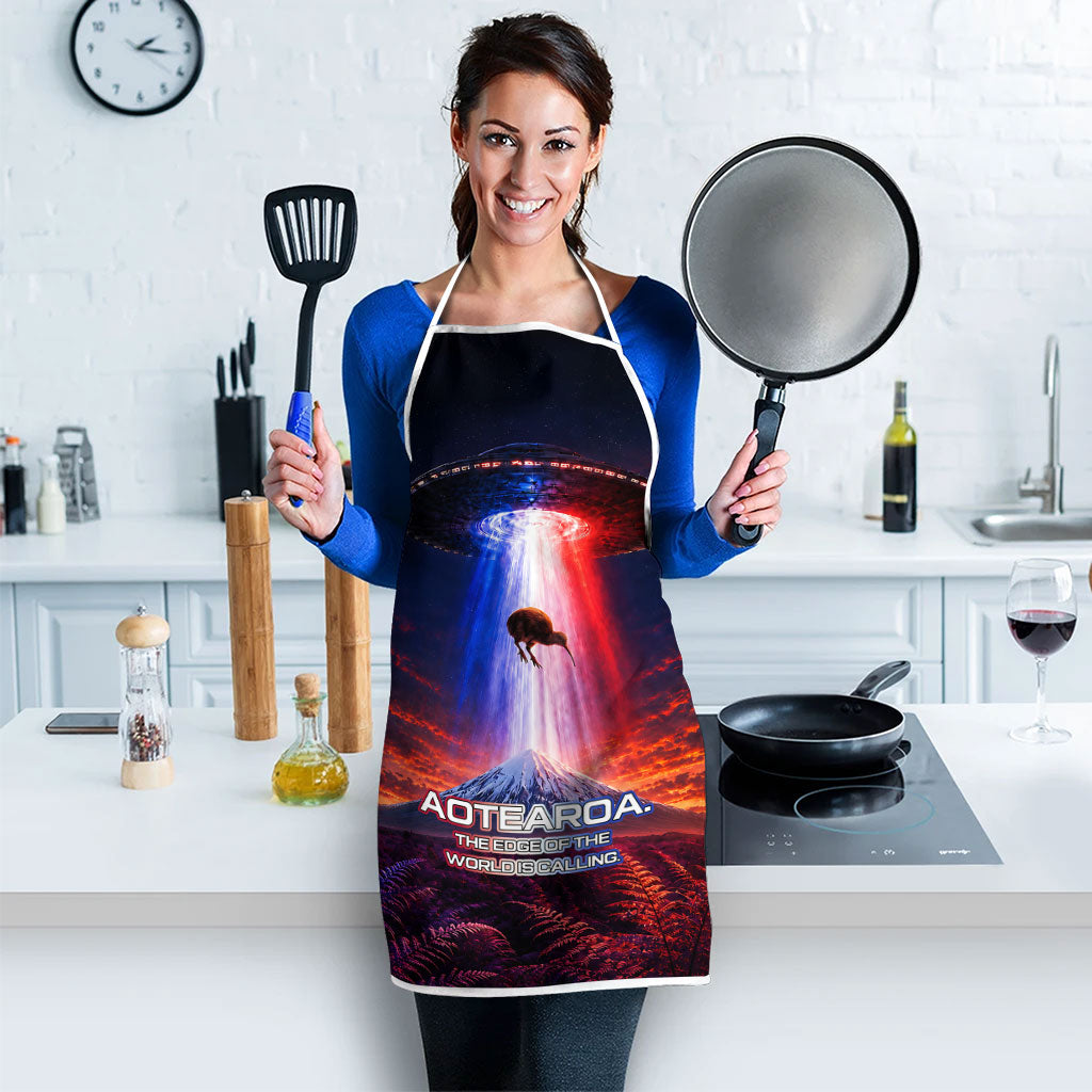New Zealand Aotearoa Kiwi UFO Apron Sci-Fi Galaxy Sunset Sky Tower And Mountain