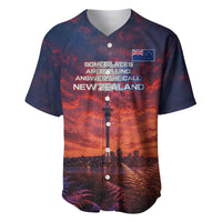 New Zealand Aotearoa Kiwi UFO Baseball Jersey Sci-Fi Galaxy Sunset Sky Tower And Mountain