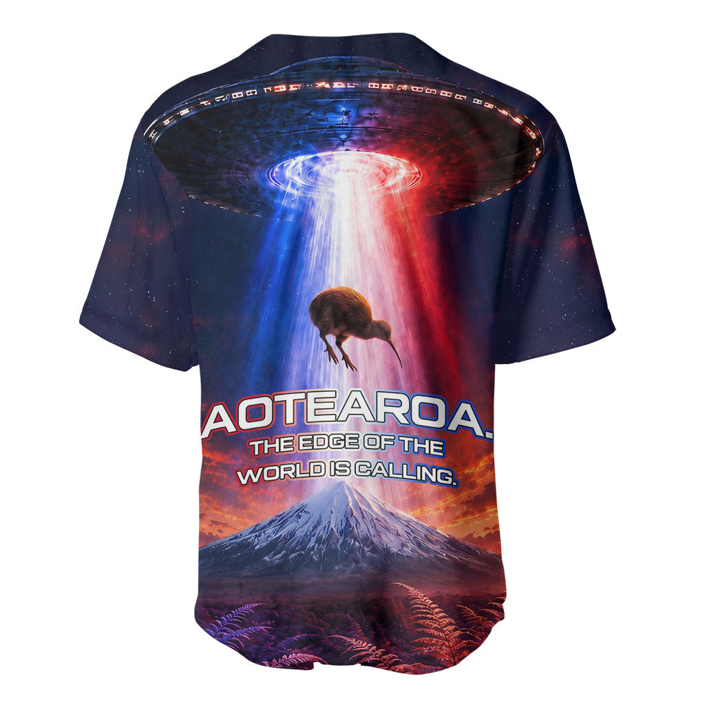 New Zealand Aotearoa Kiwi UFO Baseball Jersey Sci-Fi Galaxy Sunset Sky Tower And Mountain