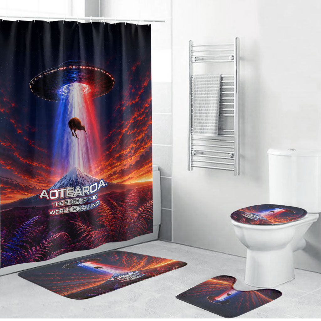 New Zealand Aotearoa Kiwi UFO Bathroom Set Sci-Fi Galaxy Sunset Sky Tower And Mountain
