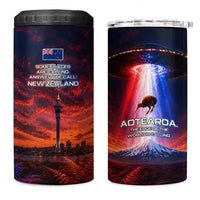 New Zealand Aotearoa Kiwi UFO 4 in 1 Can Cooler Tumbler Sci-Fi Galaxy Sunset Sky Tower And Mountain