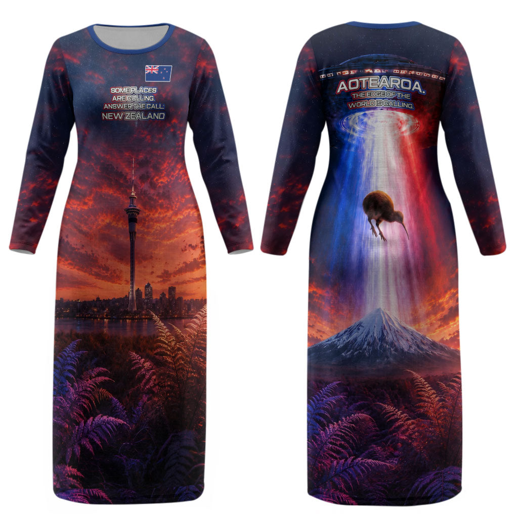 New Zealand Aotearoa Kiwi UFO Couples Matching Long Sleeve Bodycon Dress and Hawaiian Shirt Sci-Fi Galaxy Sunset Sky Tower And Mountain