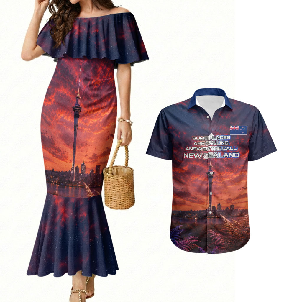 New Zealand Aotearoa Kiwi UFO Couples Matching Mermaid Dress and Hawaiian Shirt Sci-Fi Galaxy Sunset Sky Tower And Mountain TS04 Blue Red - Polynesian Pride