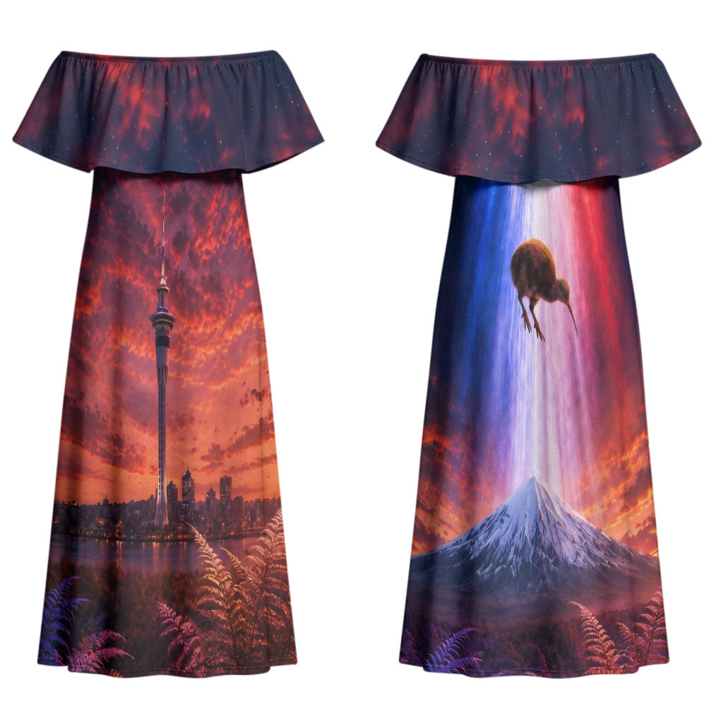 New Zealand Aotearoa Kiwi UFO Couples Matching Off Shoulder Maxi Dress and Hawaiian Shirt Sci-Fi Galaxy Sunset Sky Tower And Mountain