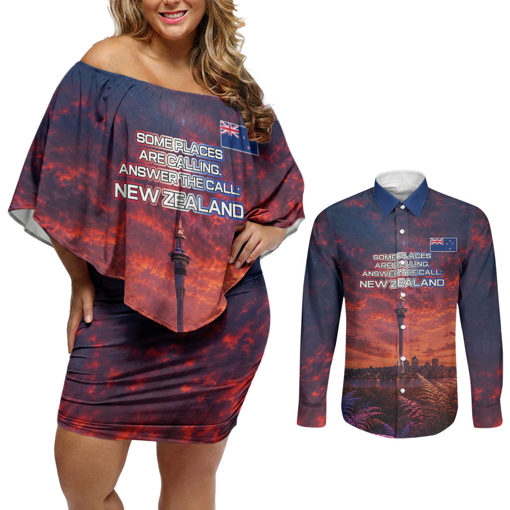 New Zealand Aotearoa Kiwi UFO Couples Matching Off Shoulder Short Dress and Long Sleeve Button Shirt Sci-Fi Galaxy Sunset Sky Tower And Mountain