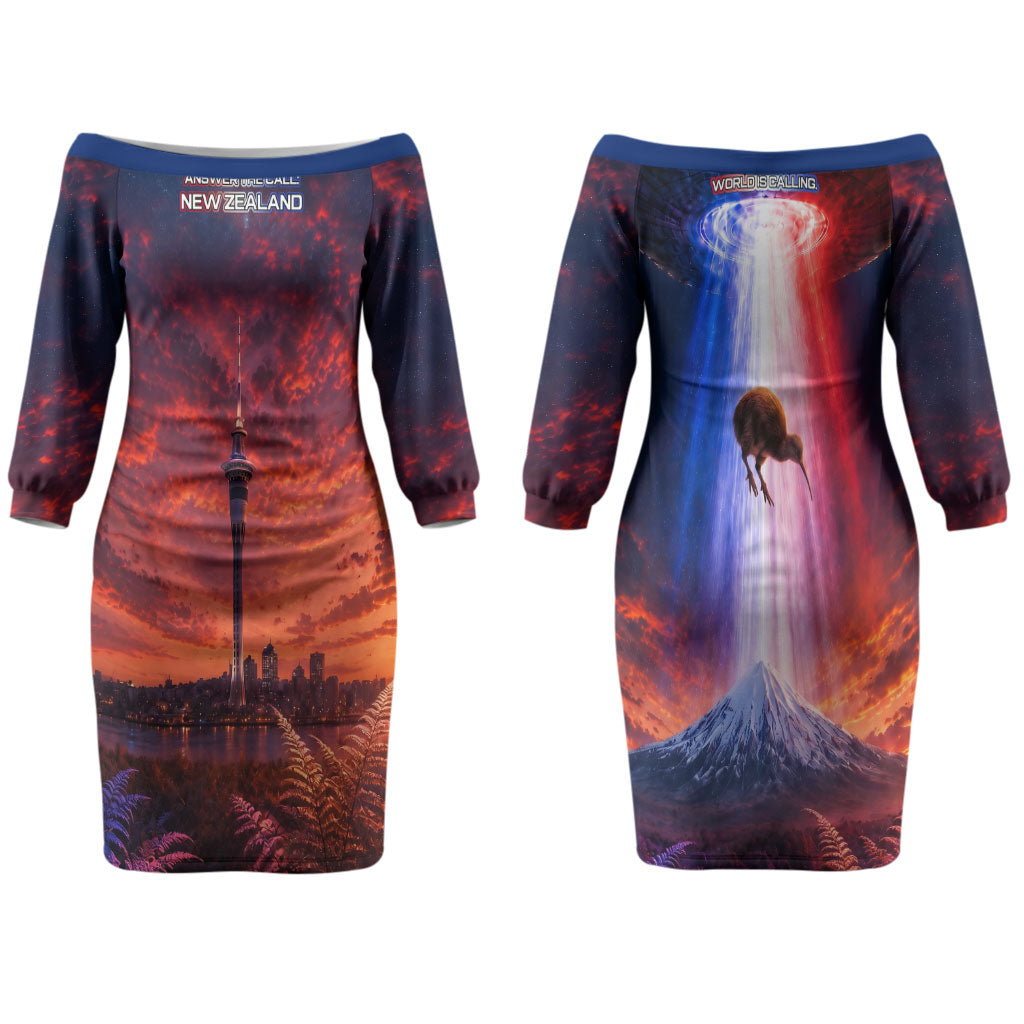 New Zealand Aotearoa Kiwi UFO Couples Matching Off The Shoulder Long Sleeve Dress and Hawaiian Shirt Sci-Fi Galaxy Sunset Sky Tower And Mountain