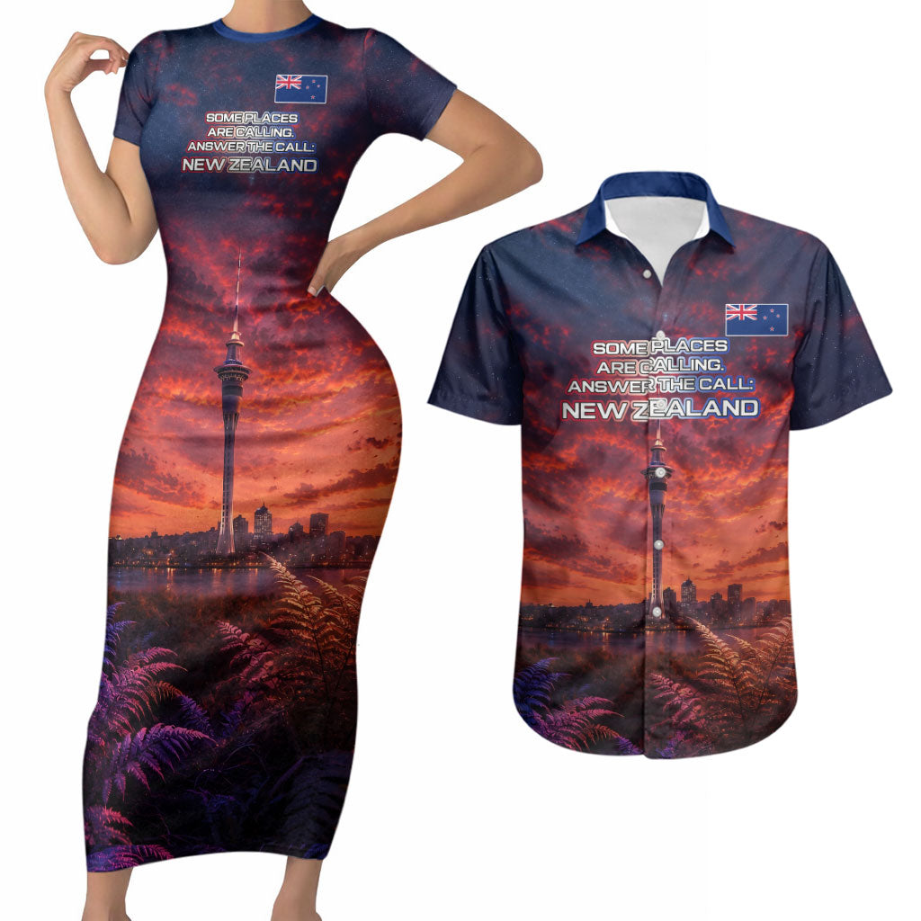 New Zealand Aotearoa Kiwi UFO Couples Matching Short Sleeve Bodycon Dress and Hawaiian Shirt Sci-Fi Galaxy Sunset Sky Tower And Mountain