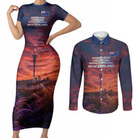 New Zealand Aotearoa Kiwi UFO Couples Matching Short Sleeve Bodycon Dress and Long Sleeve Button Shirt Sci-Fi Galaxy Sunset Sky Tower And Mountain