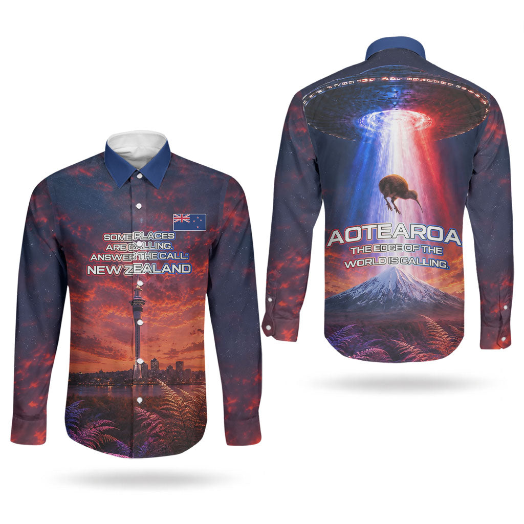 New Zealand Aotearoa Kiwi UFO Couples Matching Short Sleeve Bodycon Dress and Long Sleeve Button Shirt Sci-Fi Galaxy Sunset Sky Tower And Mountain