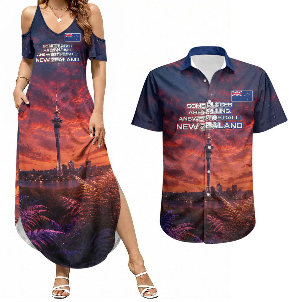 New Zealand Aotearoa Kiwi UFO Couples Matching Summer Maxi Dress and Hawaiian Shirt Sci-Fi Galaxy Sunset Sky Tower And Mountain