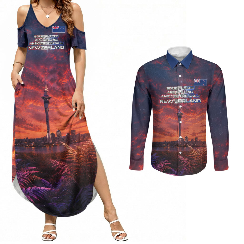 New Zealand Aotearoa Kiwi UFO Couples Matching Summer Maxi Dress and Long Sleeve Button Shirt Sci-Fi Galaxy Sunset Sky Tower And Mountain