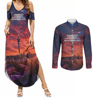 New Zealand Aotearoa Kiwi UFO Couples Matching Summer Maxi Dress and Long Sleeve Button Shirt Sci-Fi Galaxy Sunset Sky Tower And Mountain
