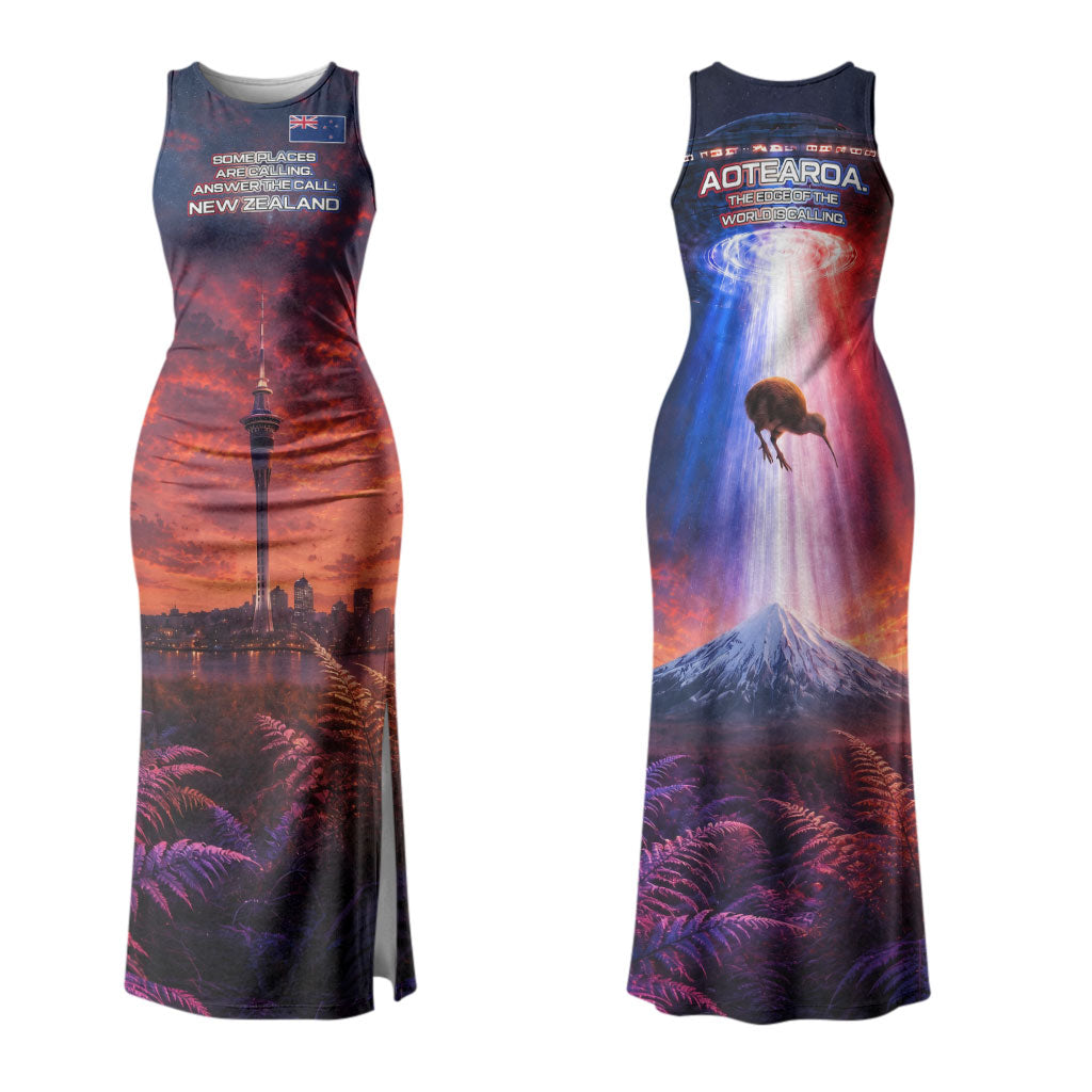 New Zealand Aotearoa Kiwi UFO Couples Matching Tank Maxi Dress and Hawaiian Shirt Sci-Fi Galaxy Sunset Sky Tower And Mountain