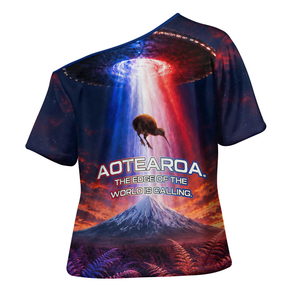 New Zealand Aotearoa Kiwi UFO Cross Shoulder Shirt Sci-Fi Galaxy Sunset Sky Tower And Mountain
