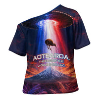 New Zealand Aotearoa Kiwi UFO Cross Shoulder Shirt Sci-Fi Galaxy Sunset Sky Tower And Mountain