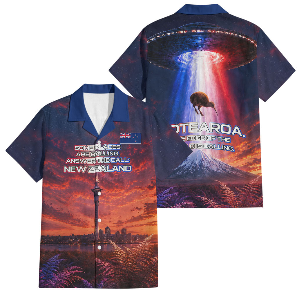 New Zealand Aotearoa Kiwi UFO Family Matching Long Sleeve Bodycon Dress and Hawaiian Shirt Sci-Fi Galaxy Sunset Sky Tower And Mountain