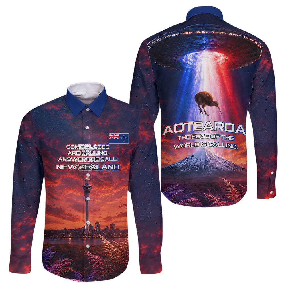 New Zealand Aotearoa Kiwi UFO Family Matching Mermaid Dress and Hawaiian Shirt Sci-Fi Galaxy Sunset Sky Tower And Mountain