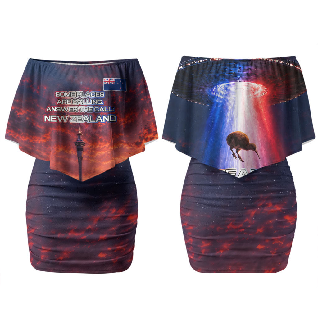 New Zealand Aotearoa Kiwi UFO Family Matching Off Shoulder Short Dress and Hawaiian Shirt Sci-Fi Galaxy Sunset Sky Tower And Mountain