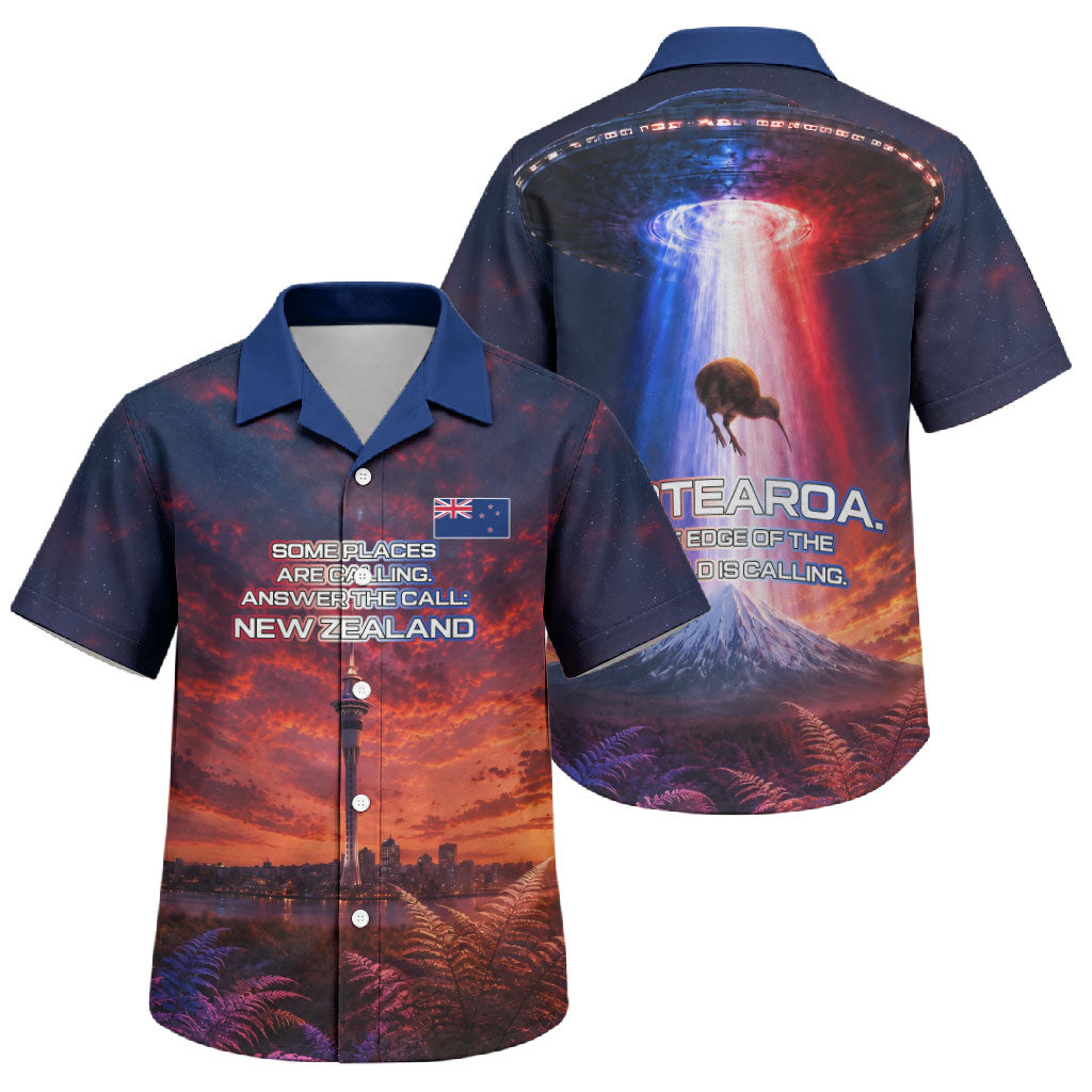 New Zealand Aotearoa Kiwi UFO Family Matching Summer Maxi Dress and Hawaiian Shirt Sci-Fi Galaxy Sunset Sky Tower And Mountain