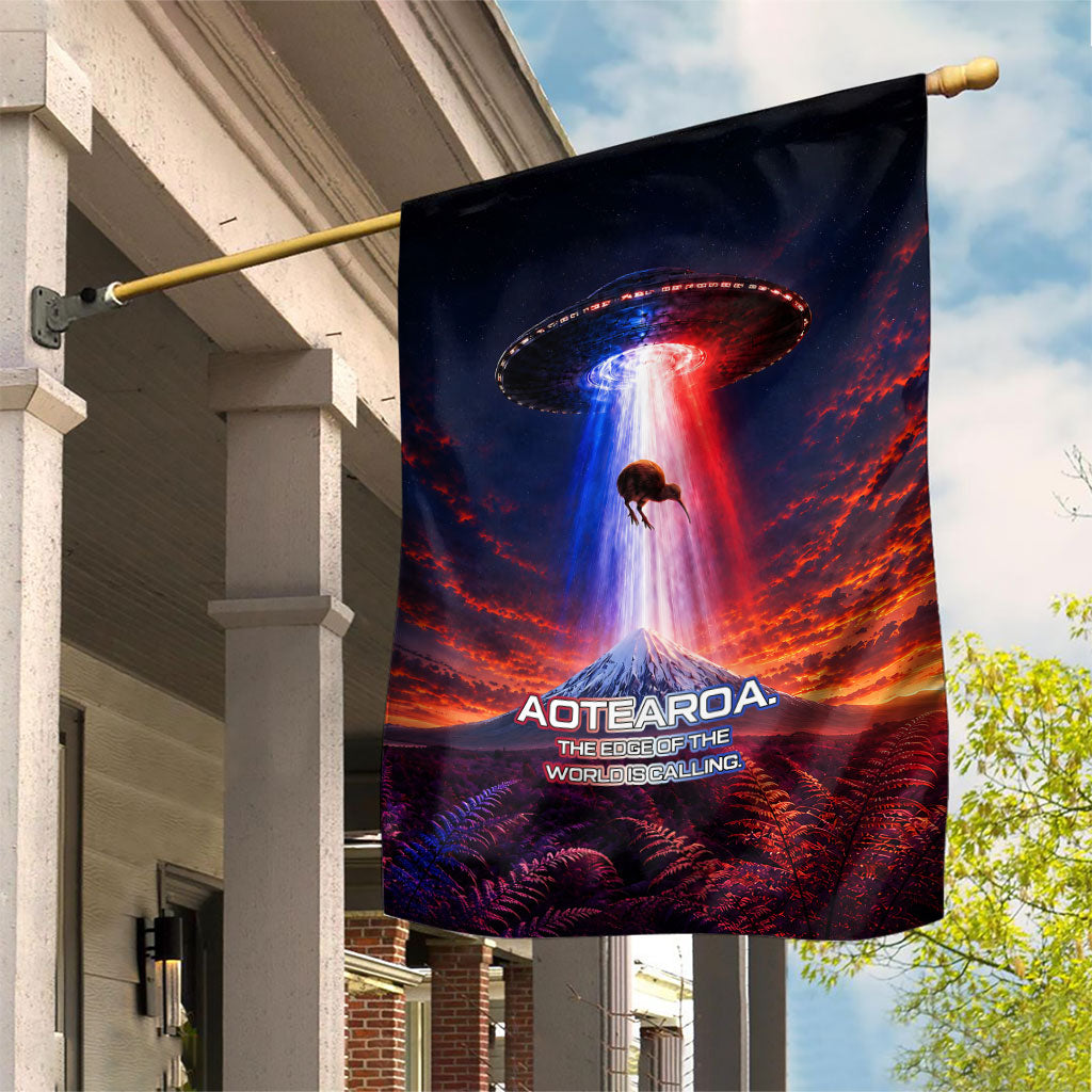 New Zealand Aotearoa Kiwi UFO Garden Flag Sci-Fi Galaxy Sunset Sky Tower And Mountain