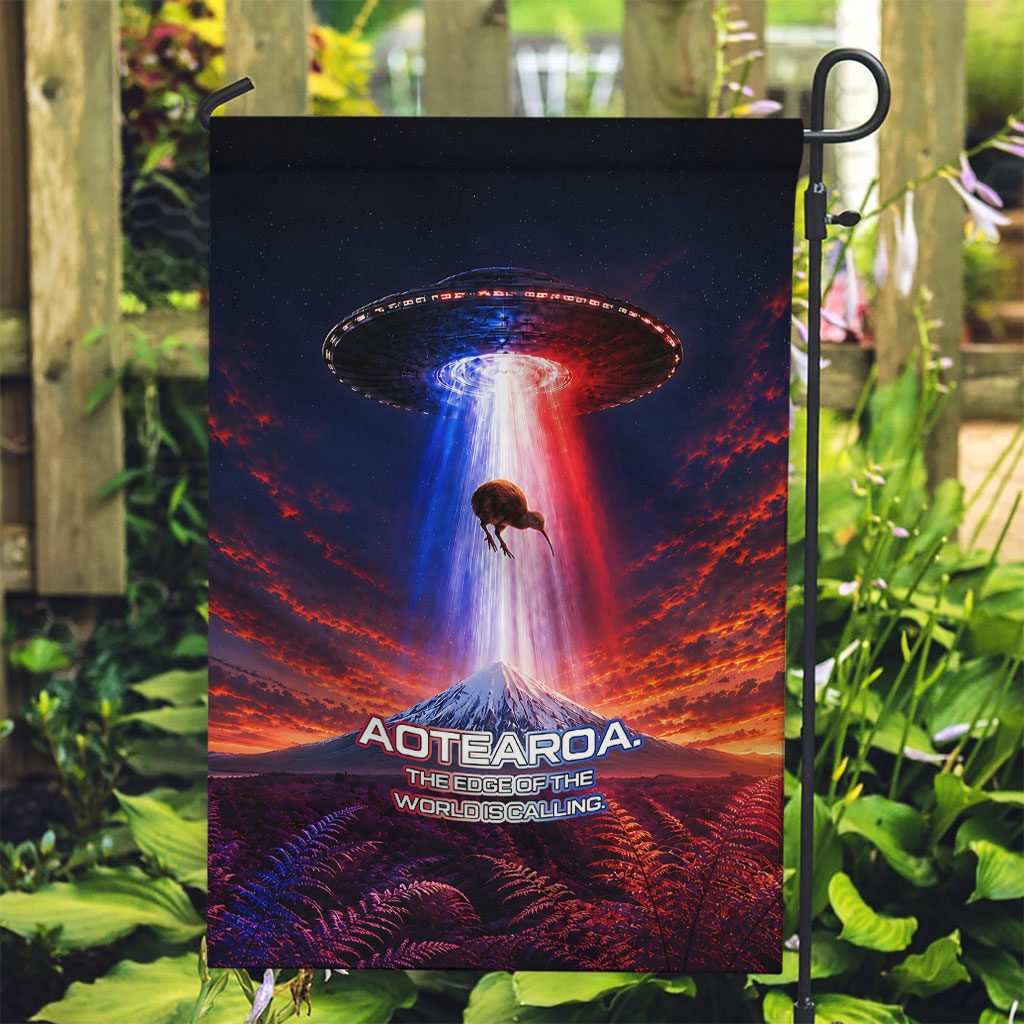 New Zealand Aotearoa Kiwi UFO Garden Flag Sci-Fi Galaxy Sunset Sky Tower And Mountain