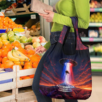 New Zealand Aotearoa Kiwi UFO Grocery Bag Sci-Fi Galaxy Sunset Sky Tower And Mountain