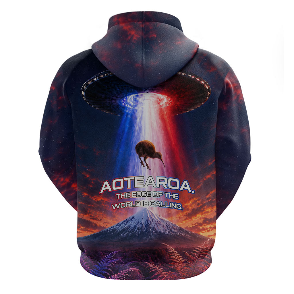 New Zealand Aotearoa Kiwi UFO Hoodie Sci-Fi Galaxy Sunset Sky Tower And Mountain