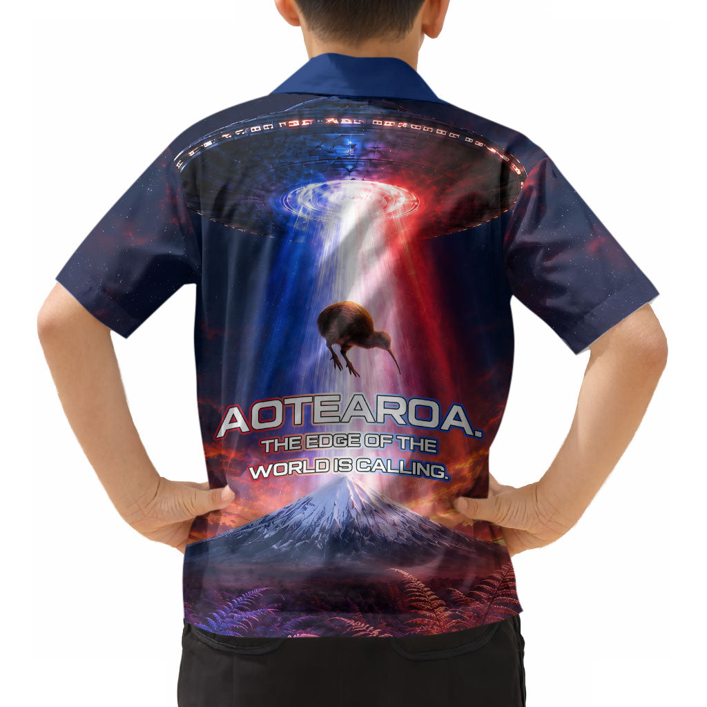 New Zealand Aotearoa Kiwi UFO Kid Hawaiian Shirt Sci-Fi Galaxy Sunset Sky Tower And Mountain