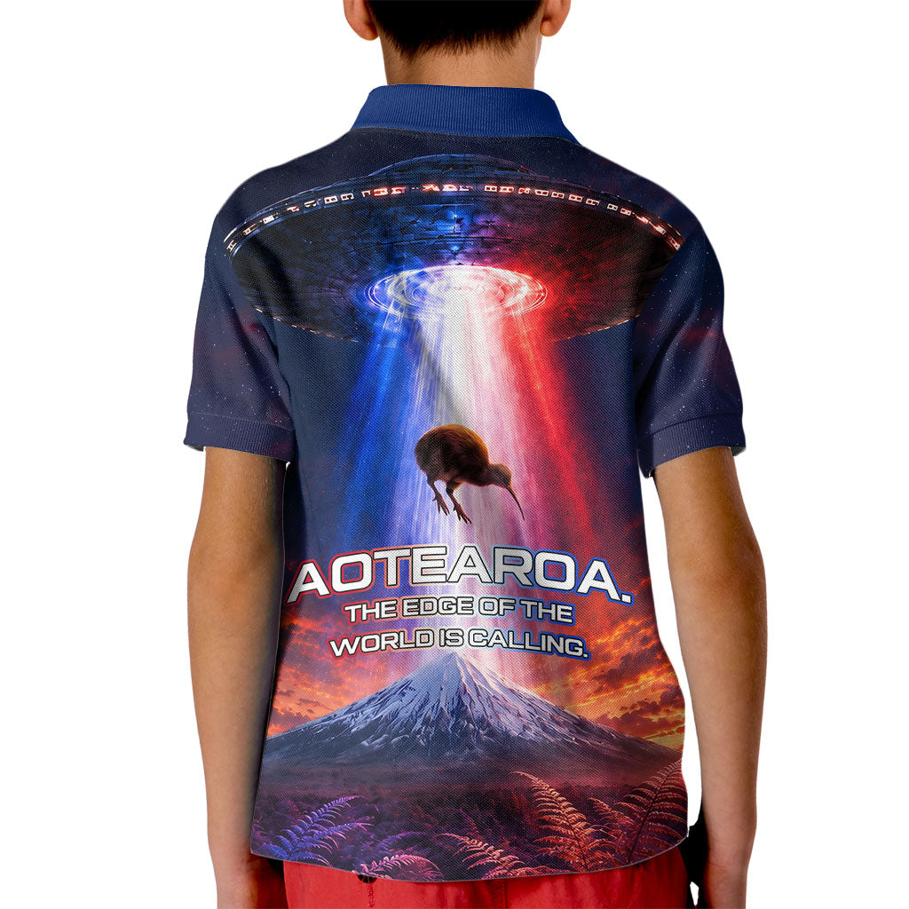 New Zealand Aotearoa Kiwi UFO Kid Polo Shirt Sci-Fi Galaxy Sunset Sky Tower And Mountain