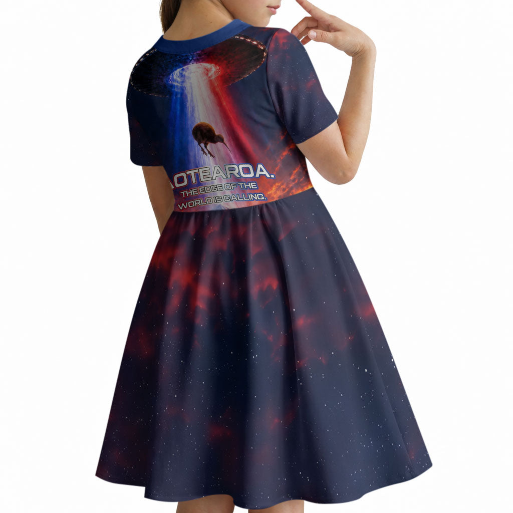 New Zealand Aotearoa Kiwi UFO Kid Short Sleeve Dress Sci-Fi Galaxy Sunset Sky Tower And Mountain