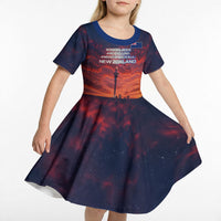 New Zealand Aotearoa Kiwi UFO Kid Short Sleeve Dress Sci-Fi Galaxy Sunset Sky Tower And Mountain