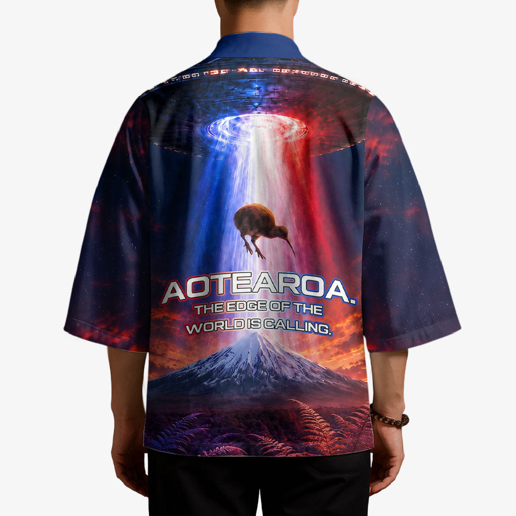 New Zealand Aotearoa Kiwi UFO Kimono Sci-Fi Galaxy Sunset Sky Tower And Mountain