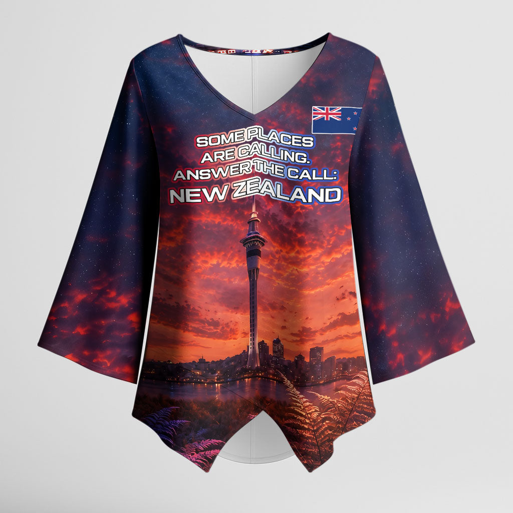 New Zealand Aotearoa Kiwi UFO Kimono Sleeve Blouse Sci-Fi Galaxy Sunset Sky Tower And Mountain