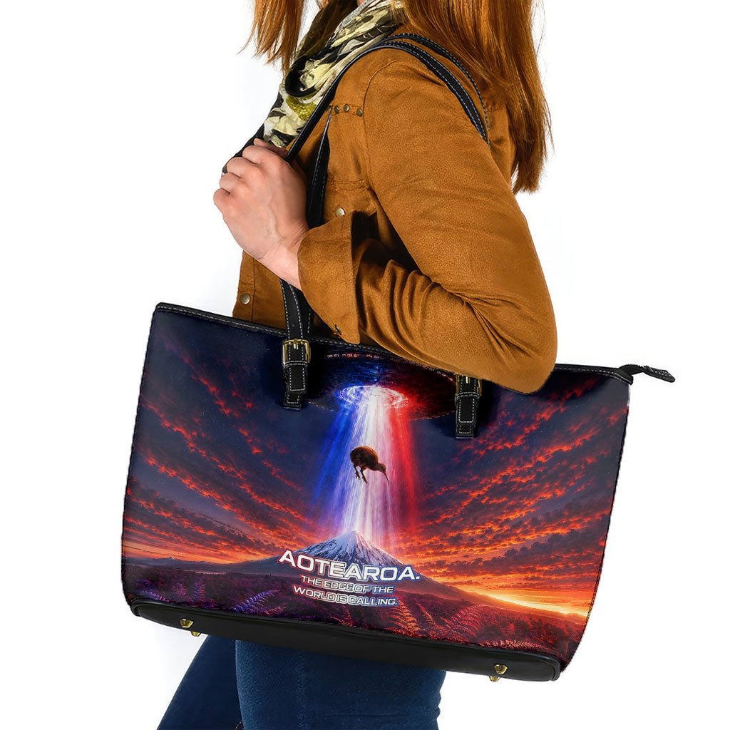 New Zealand Aotearoa Kiwi UFO Leather Tote Bag Sci-Fi Galaxy Sunset Sky Tower And Mountain