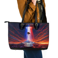 New Zealand Aotearoa Kiwi UFO Leather Tote Bag Sci-Fi Galaxy Sunset Sky Tower And Mountain