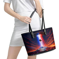 New Zealand Aotearoa Kiwi UFO Leather Tote Bag Sci-Fi Galaxy Sunset Sky Tower And Mountain
