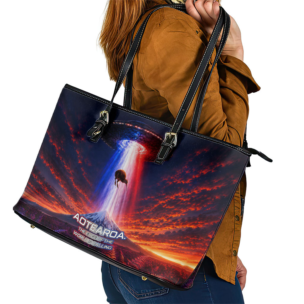 New Zealand Aotearoa Kiwi UFO Leather Tote Bag Sci-Fi Galaxy Sunset Sky Tower And Mountain
