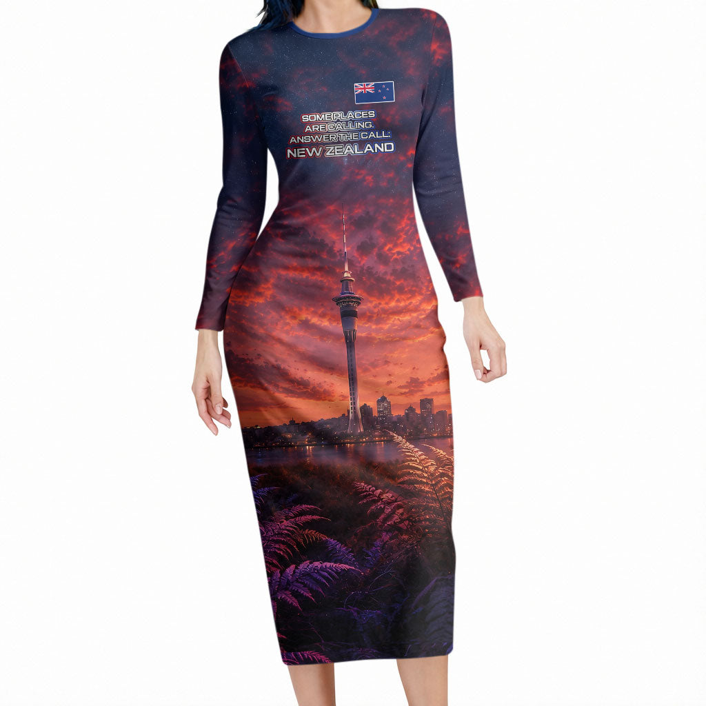 New Zealand Aotearoa Kiwi UFO Long Sleeve Bodycon Dress Sci-Fi Galaxy Sunset Sky Tower And Mountain