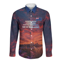 New Zealand Aotearoa Kiwi UFO Long Sleeve Button Shirt Sci-Fi Galaxy Sunset Sky Tower And Mountain