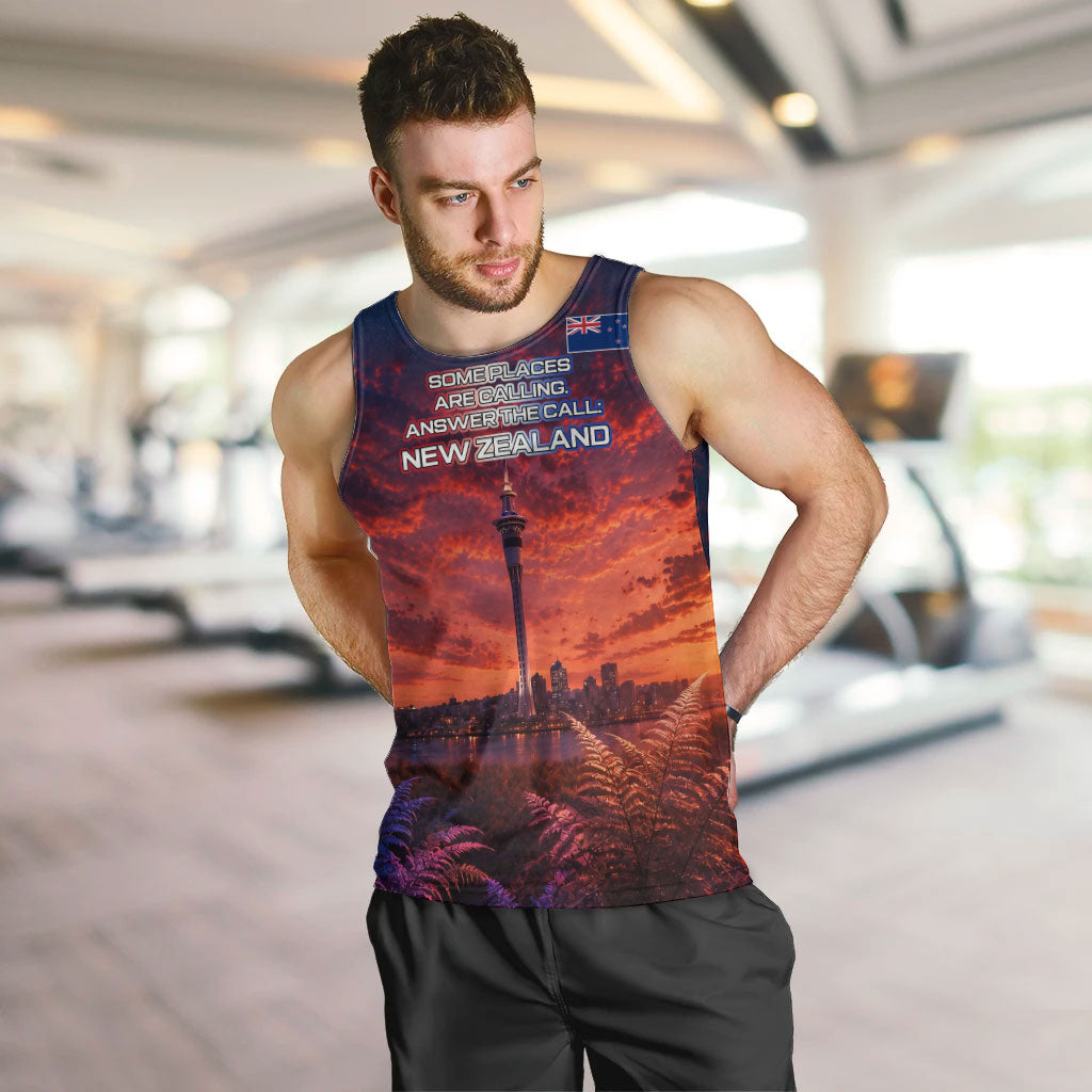 New Zealand Aotearoa Kiwi UFO Men Tank Top Sci-Fi Galaxy Sunset Sky Tower And Mountain