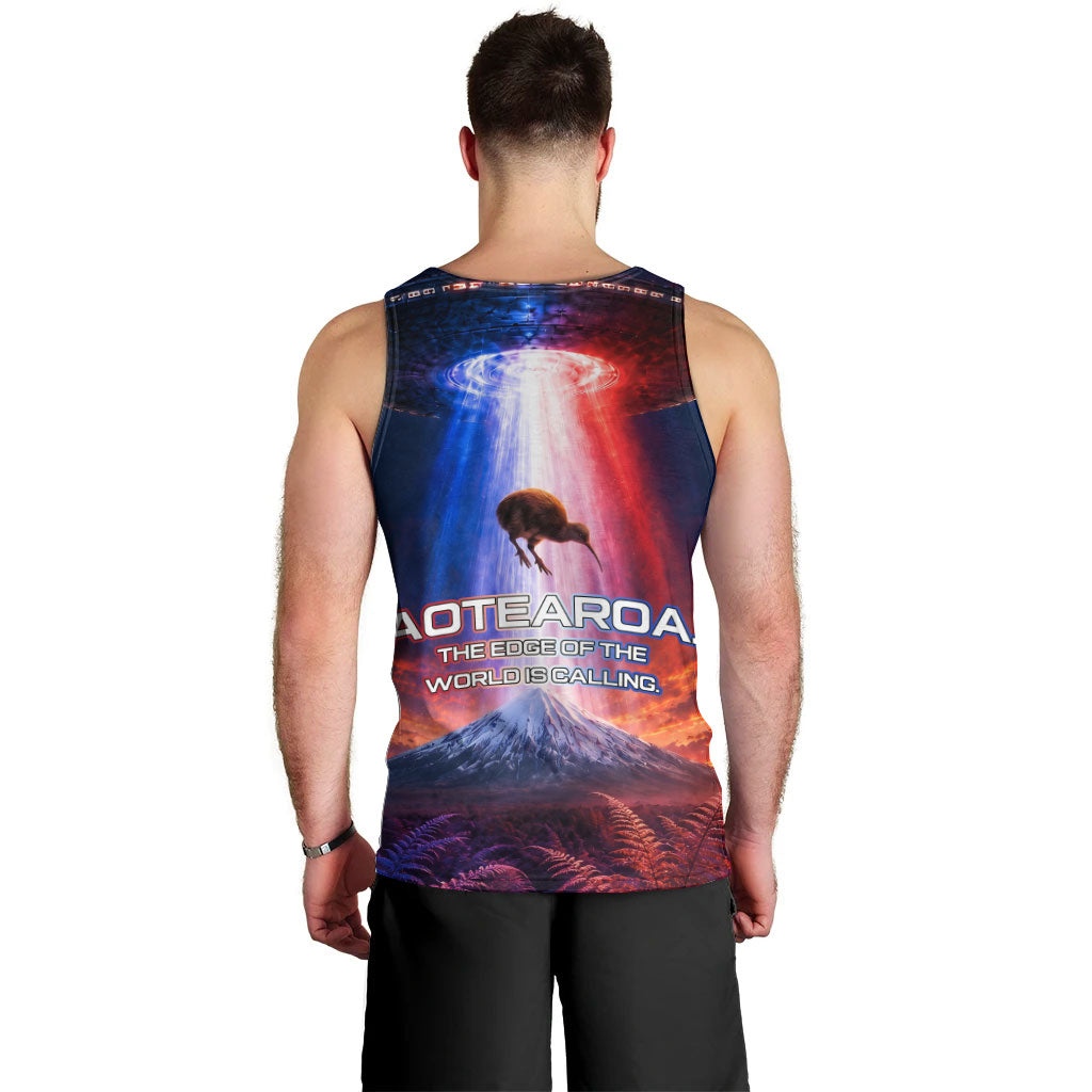 New Zealand Aotearoa Kiwi UFO Men Tank Top Sci-Fi Galaxy Sunset Sky Tower And Mountain