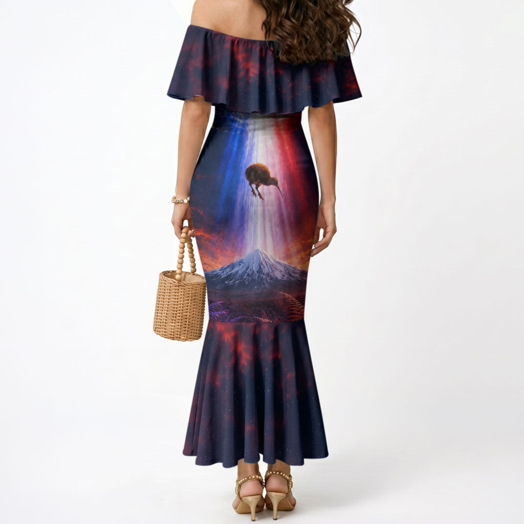 New Zealand Aotearoa Kiwi UFO Mermaid Dress Sci-Fi Galaxy Sunset Sky Tower And Mountain