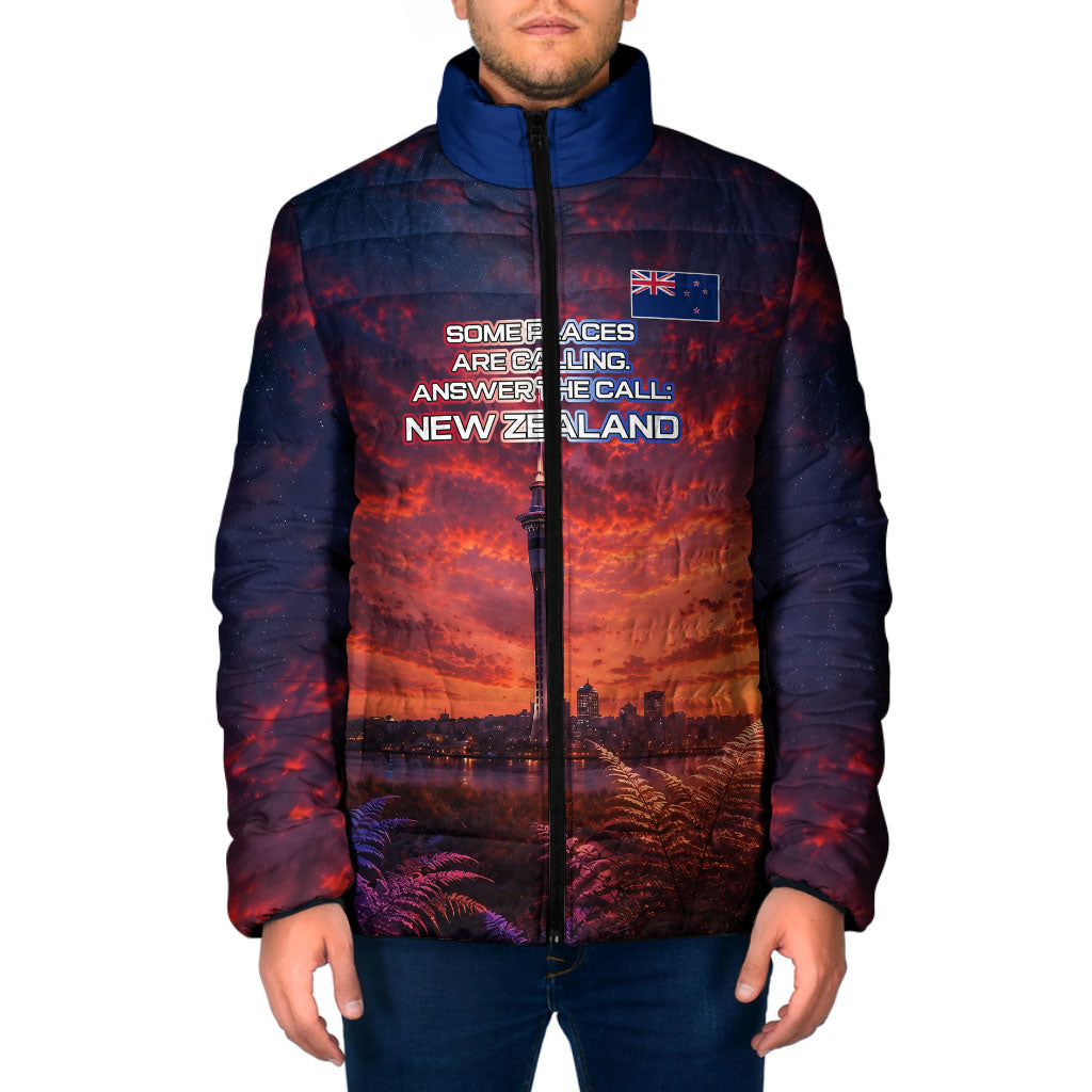 New Zealand Aotearoa Kiwi UFO Padded Jacket Sci-Fi Galaxy Sunset Sky Tower And Mountain