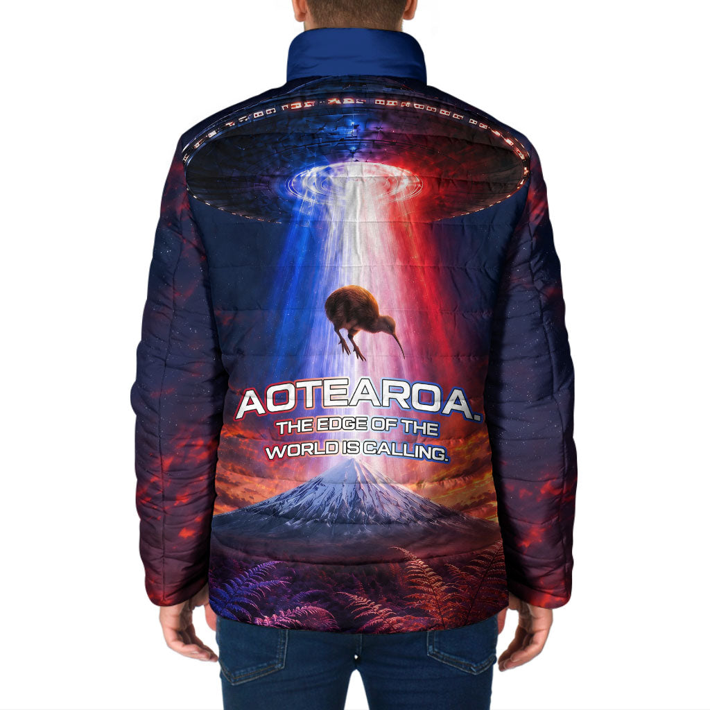 New Zealand Aotearoa Kiwi UFO Padded Jacket Sci-Fi Galaxy Sunset Sky Tower And Mountain