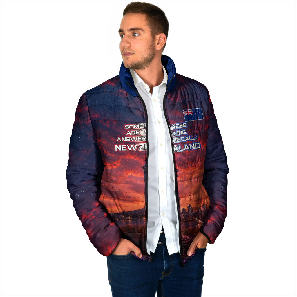 New Zealand Aotearoa Kiwi UFO Padded Jacket Sci-Fi Galaxy Sunset Sky Tower And Mountain