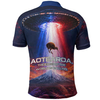 New Zealand Aotearoa Kiwi UFO Polo Shirt Sci-Fi Galaxy Sunset Sky Tower And Mountain