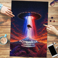 New Zealand Aotearoa Kiwi UFO Puzzle Sci-Fi Galaxy Sunset Sky Tower And Mountain