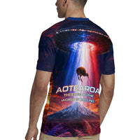 New Zealand Aotearoa Kiwi UFO Rugby Jersey Sci-Fi Galaxy Sunset Sky Tower And Mountain
