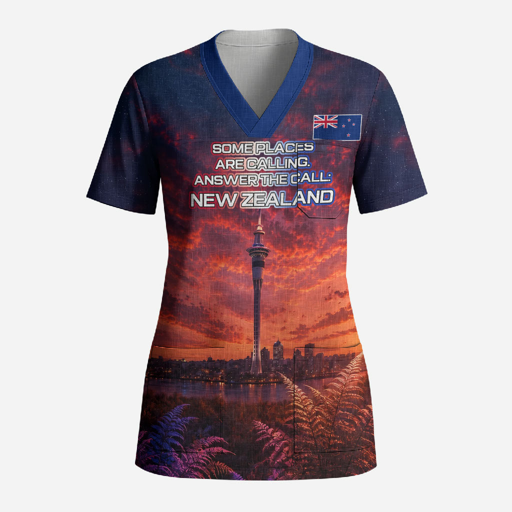 New Zealand Aotearoa Kiwi UFO Scrub Top Sci-Fi Galaxy Sunset Sky Tower And Mountain