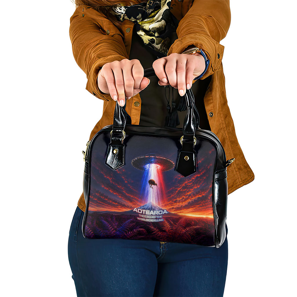 New Zealand Aotearoa Kiwi UFO Shoulder Handbag Sci-Fi Galaxy Sunset Sky Tower And Mountain